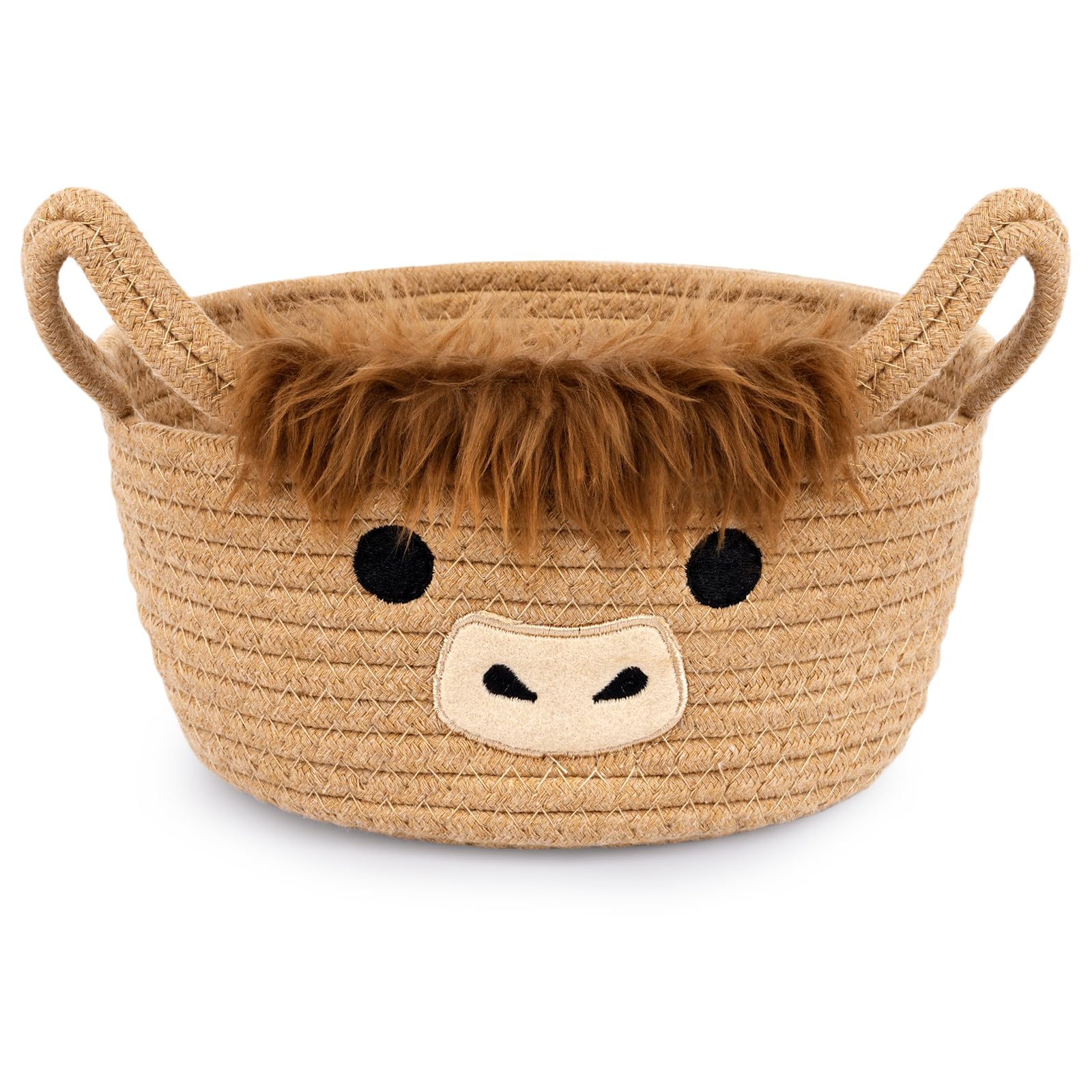 Hkojewp Highland Cute Cow Basket for Nursery, Small Shower Gift Basket, Round Woven Rope Cotton Storage, Baby Blanket 0rganizer with Ears Handles, Blanket Towel Decor Storage Bins, 10.7