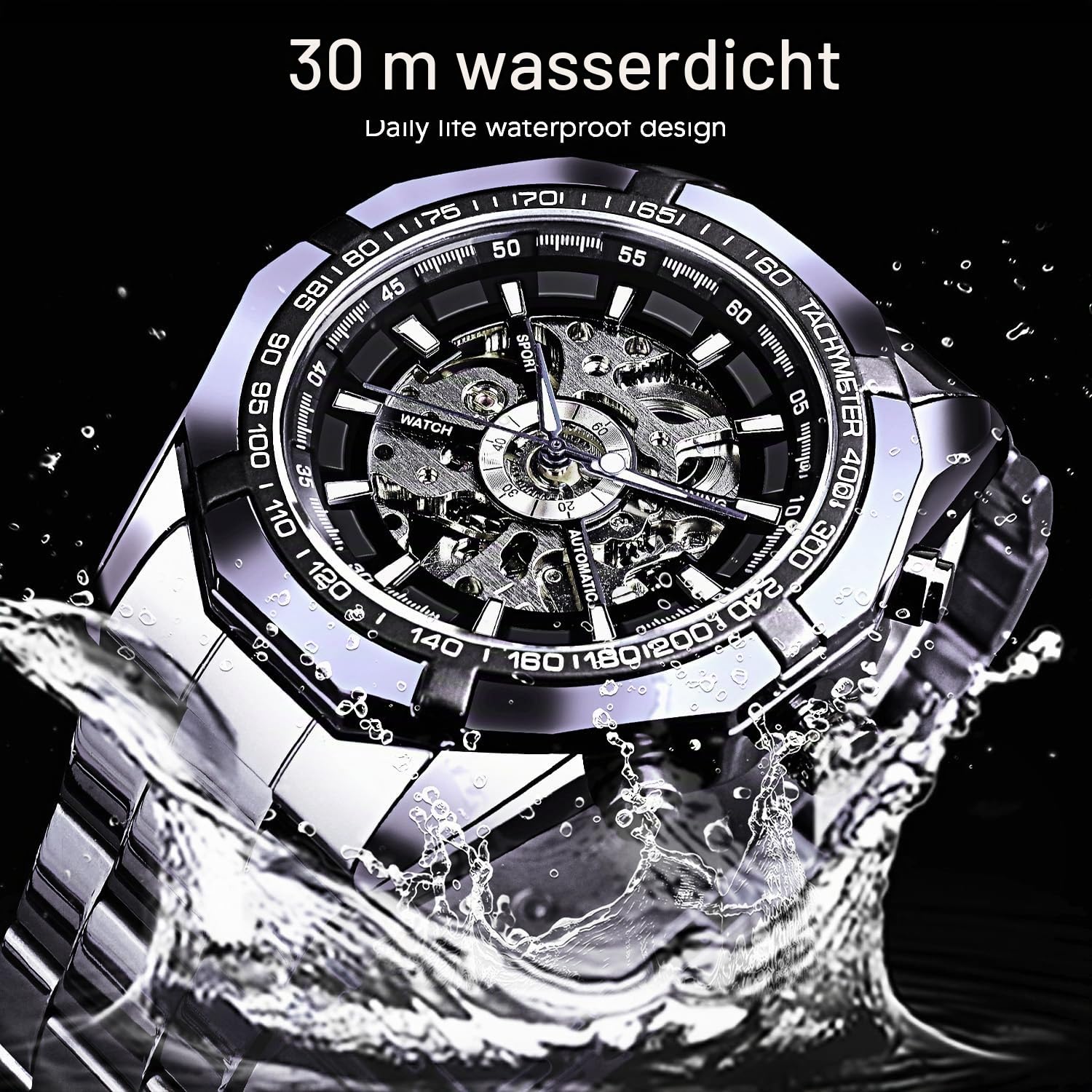 FORSINING Herren-Armbanduhr, selbstaufziehend, Skelett, ausgehöhlt, mechanisch, automatisch, luxuriös, blaues schwarzes Edelstahlband, wasserdichte Armbanduhr