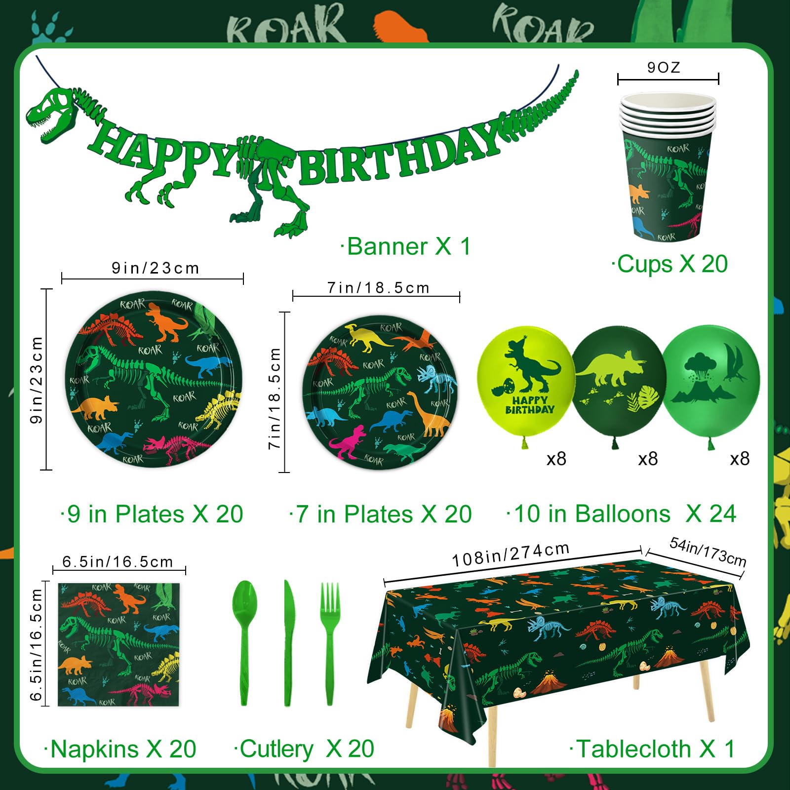 LINHAXM 166 PCS Dinosaur Birthday Decorations, Dinosaur Party Supplies Includes Plates, Cups, Napkins, Cutlery, Banner, Tablecloth, Balloons for Boy Dino Party Decorations, Serves 20