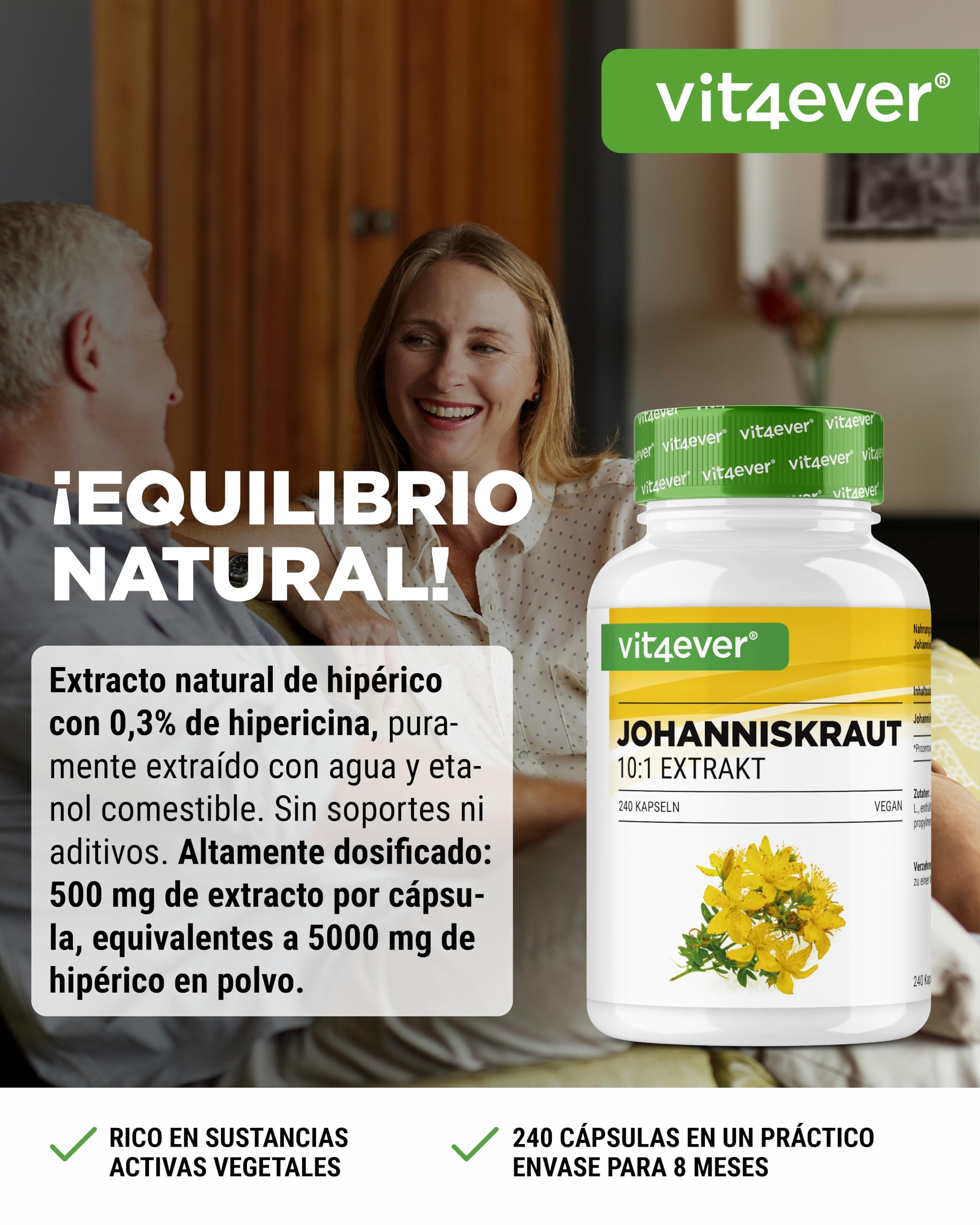 Hierba de San Juan -240 cápsulas con 500 mg de extracto de 5000 mg de Hierba de San Juan pura - Extracto natural 10:1 - Dosis alta - Vegano