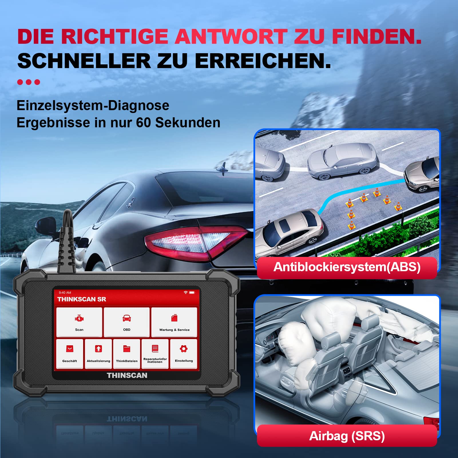 thinkcar Urządzenie diagnostyczne OBD2, SR2 OBD2, urządzenie diagnostyczne do samochodu, z 2 diagnostykami systemów (ABS + SRS) i 2 funkcjami serwisowymi (olej + EPB), czytnik samochodowy z Bluetooth