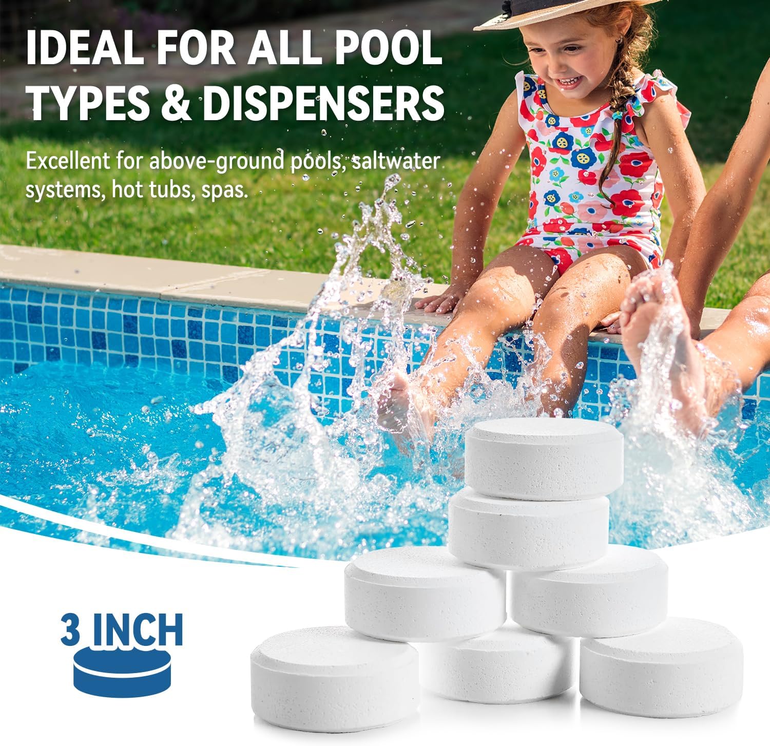 3 Inch Chlorine Tablets for Swimming Pools & Spas | 90% Available Chlorine Trichlor Pool Tablets | Long-Lasting Slow Dissolving Sanitizer for Clean & Clear Water (3inch-50Lbs)