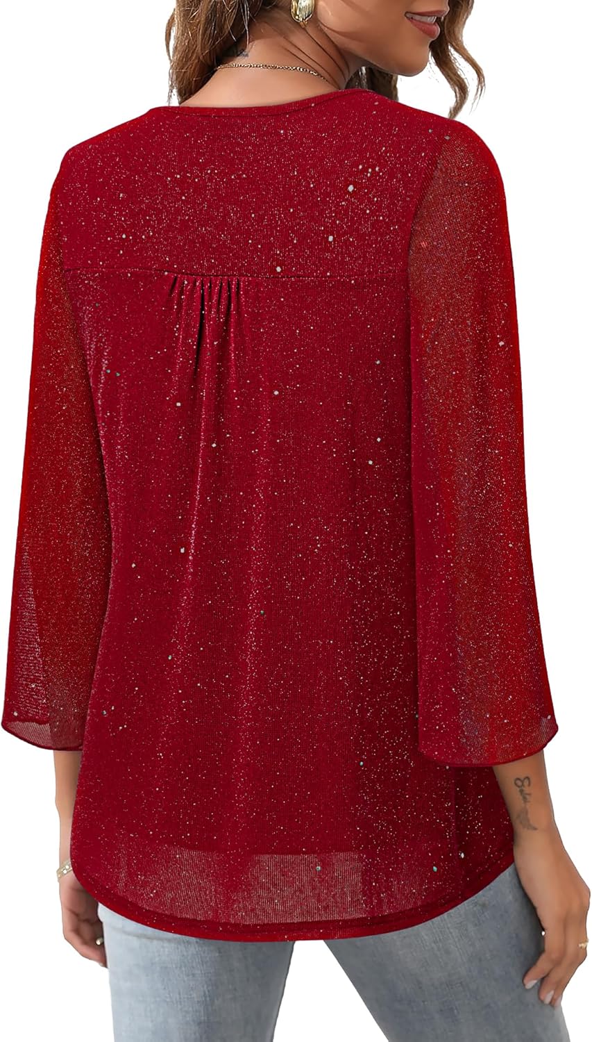 Bebonnie Womens Ruffle 3/4 Sleeve V Neck Double Layers Mesh Blouses Loose Fit Flowy Tunic Tops - Image 4