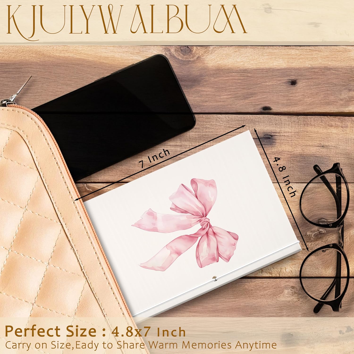 Preppy Pink Bow Small DIY Scrapbook Album 4.8x7 Inch, Coquette Aesthetic Stretchable Accordion Foldable Photo Scrapbook Memory Book Gifts for Baby Graduation Travel Vacation