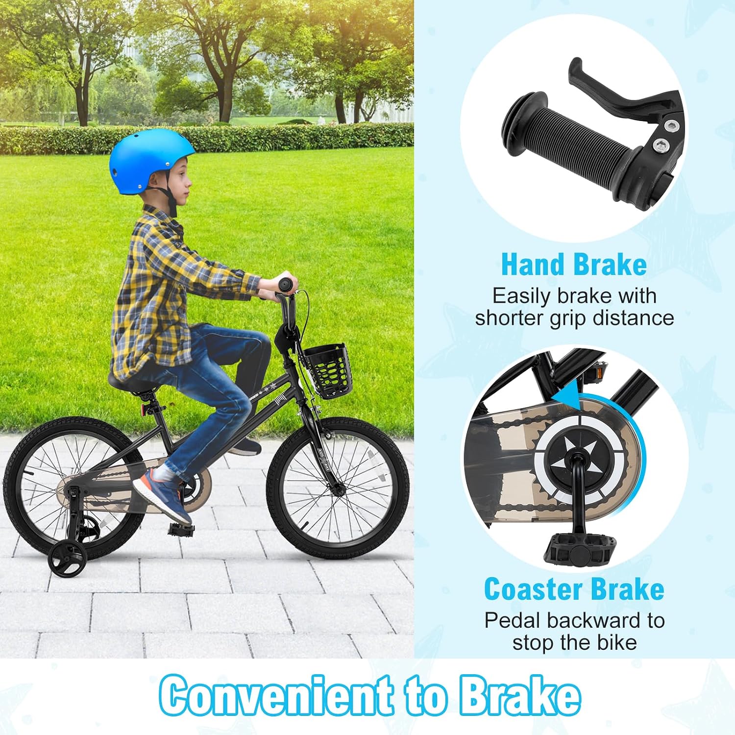 BABY JOY Starry Kids Bike, 12 14 16 18 Inch Bicycle with Training Wheels, Storage Basket, Adjustable Handlebar & Seat, Handbrake & Coaster Brake, Girls Boys Bike