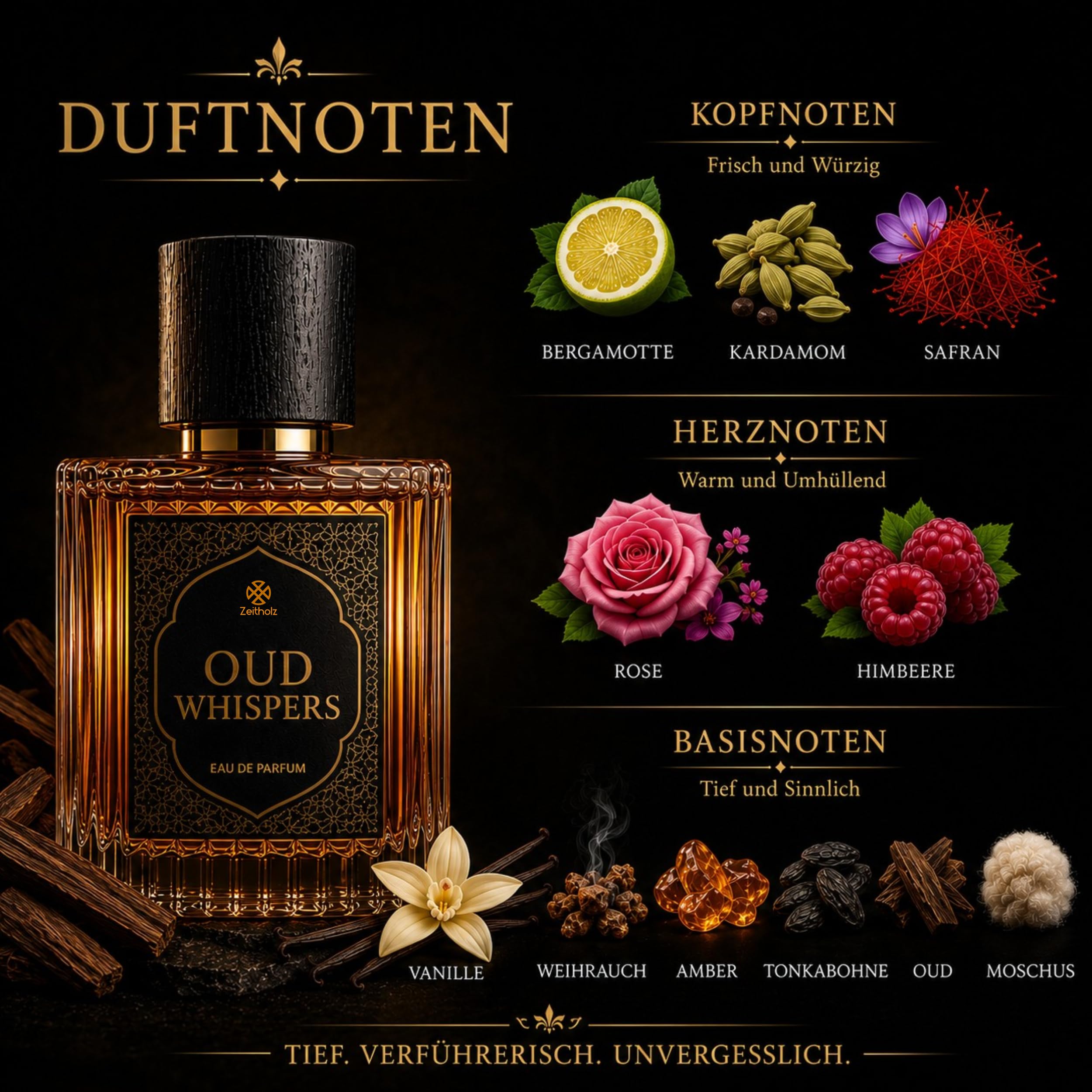 Oud Parfum für Herren – Zeitholz Oud Whispers Eau de Parfum 100 ml – Arabischer holzig-amberner Duft mit Safran, Rose, Vanille & Weihrauch