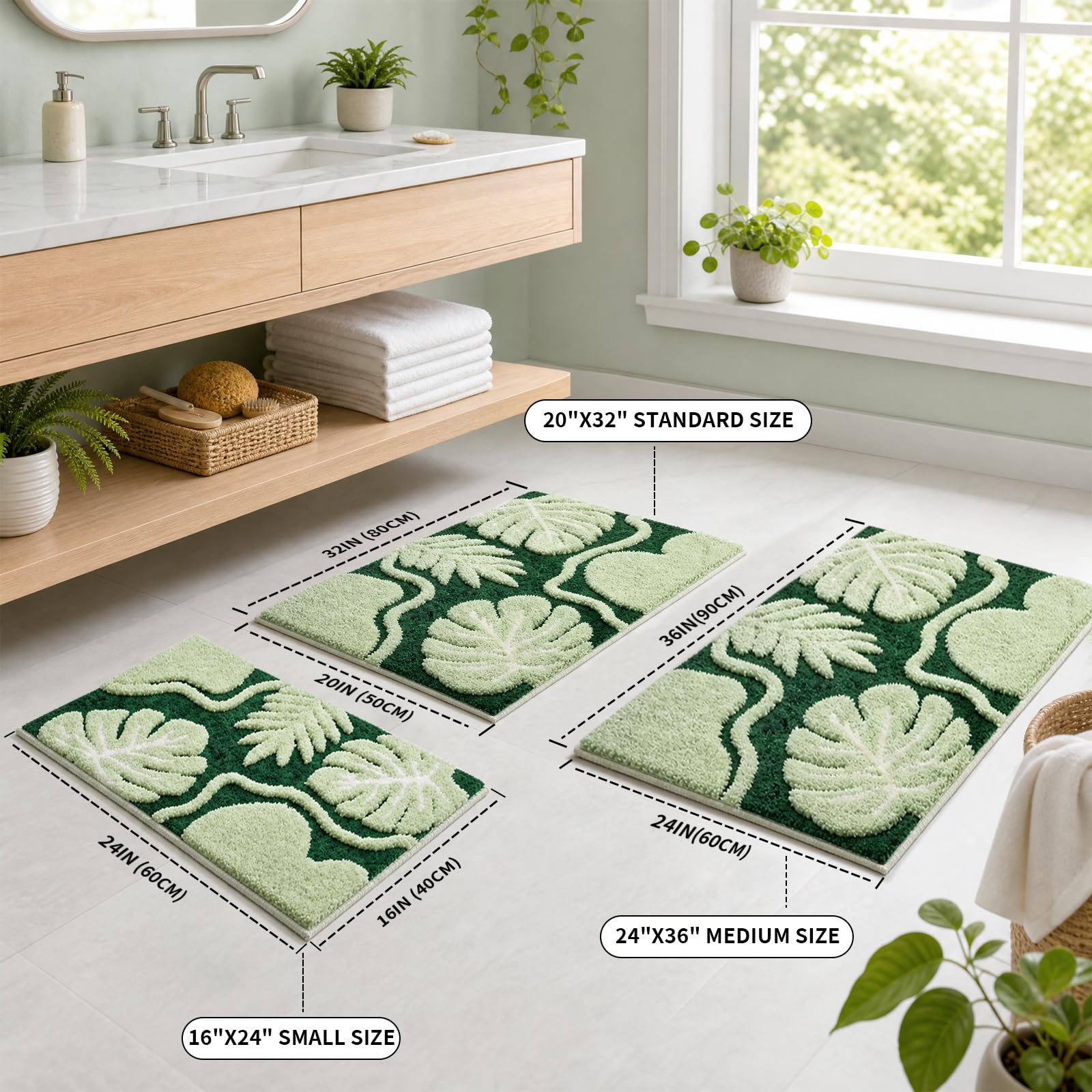 BLESWIN Tapis de Salle de Bain à Motif de Feuilles, 60 × 90 cm, Tapis de Salle de Bain antidérapant et Moelleux, fabriqué en Microfibres duveteuses, adapté à la Douche et à la Chambre,(Vert foncé)