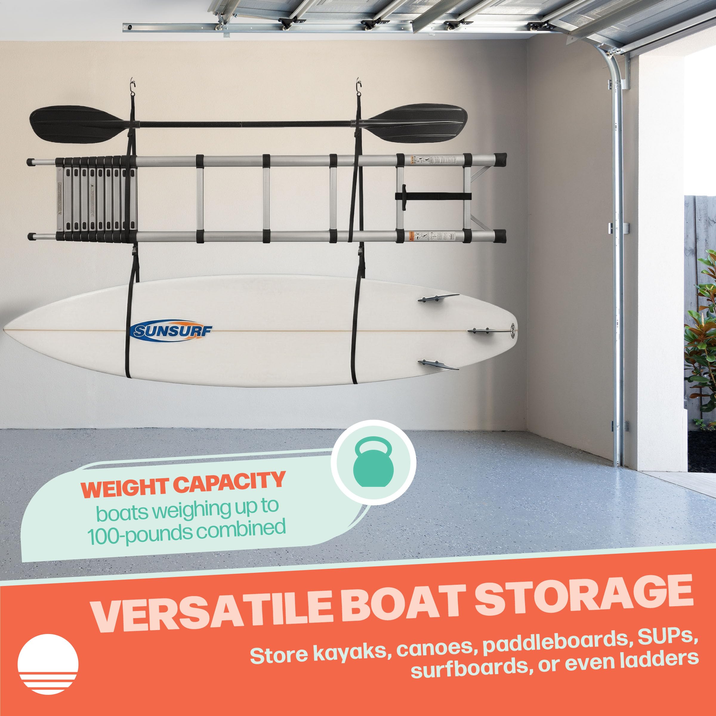 RAD Sportz Kayak Rack - Hanging Storage from Wall or Ceiling for Surfboards, Paddleboards, Sup, or Canoe - Adjustable Kayak Straps
