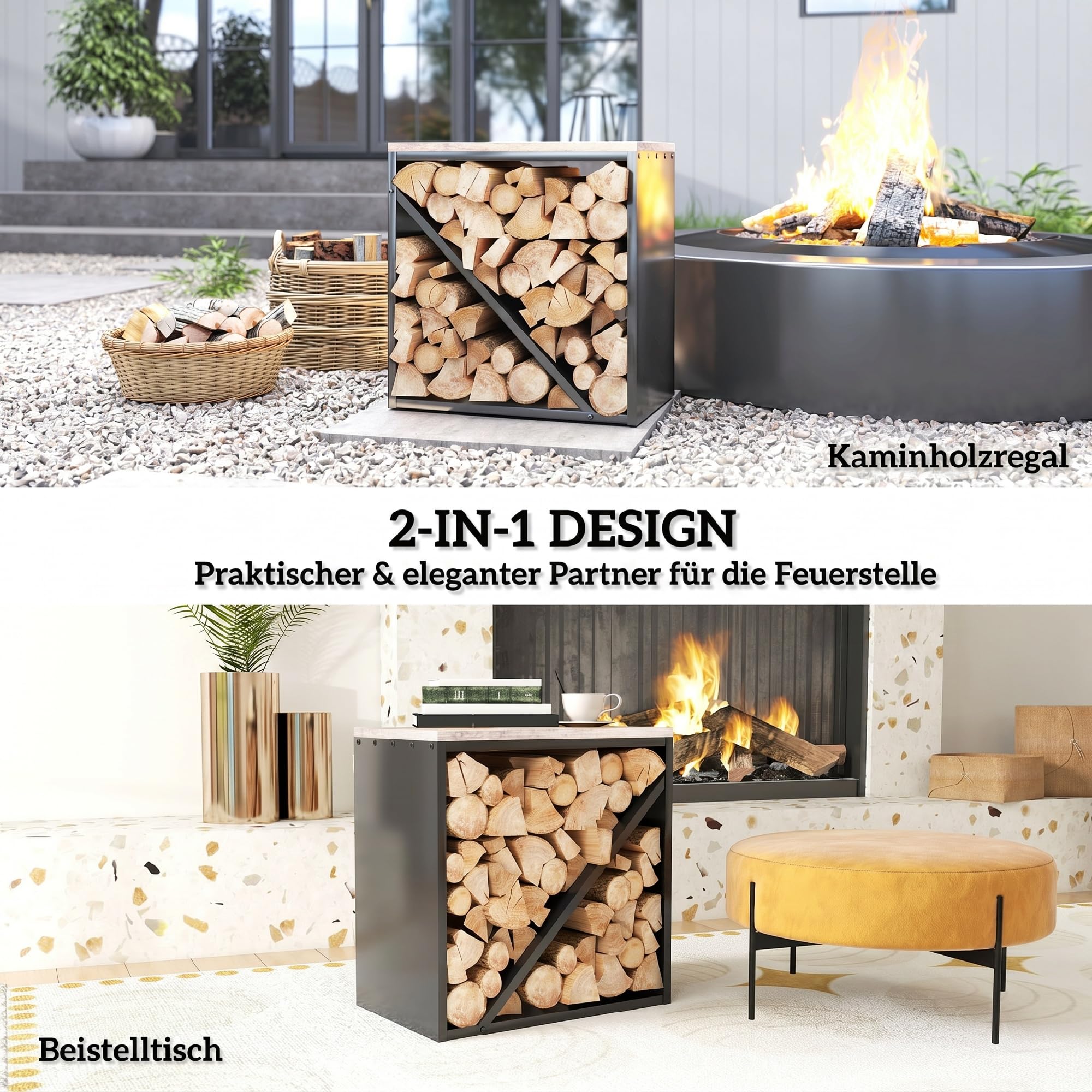 Outsunny 2-in-1 Kaminholzregal für innen erhöhtes 58 x 36 x 60cm Schwarz