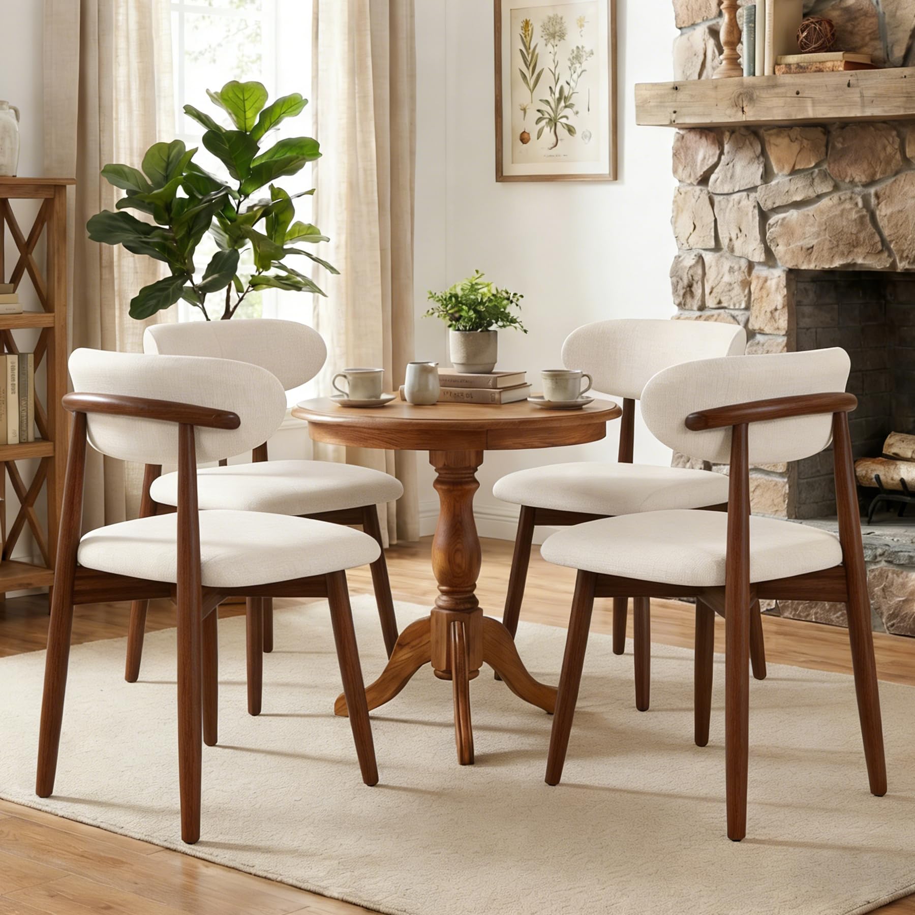 Takumi∞X Sillas de Comedor Pack 4 Cadeiras Sala Jantar Sillas Salon de Comedor Modernas Sillas de Comedor de Madera Nordica Sillas de Cocina Tela de Lino Tapizadas Sillas de Comedor