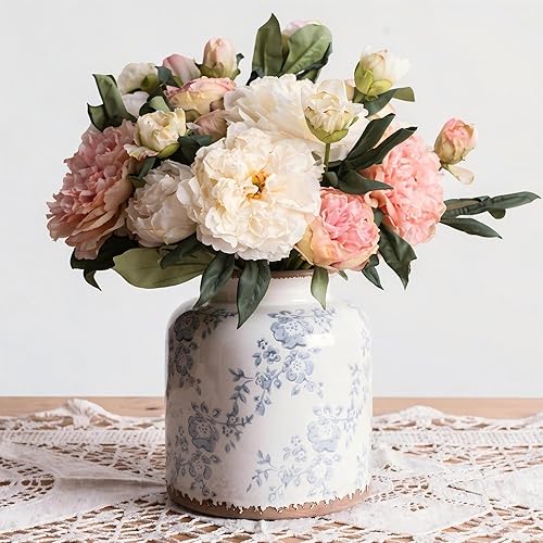 Ronasip Jarrón de cerámica chinoiserie floral vintage, 6.2 pulgadas, diseño botánico verde pastel pintado a mano, estilo antiguo para decoración del