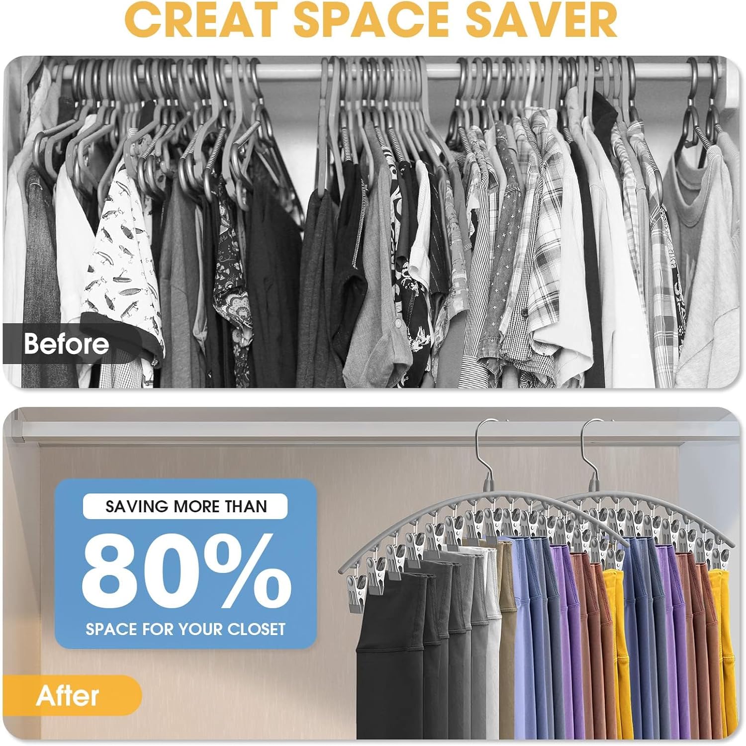 Upgrade Skirt Pants Hangers with Clips, Metal Legging Organizer for Closet with 15 Cilps Holds 60 Leggings/Shorts/Jeans/Skirts Pants Hangers Space Saving Closet Organizers and Storage, Grey 4Pack