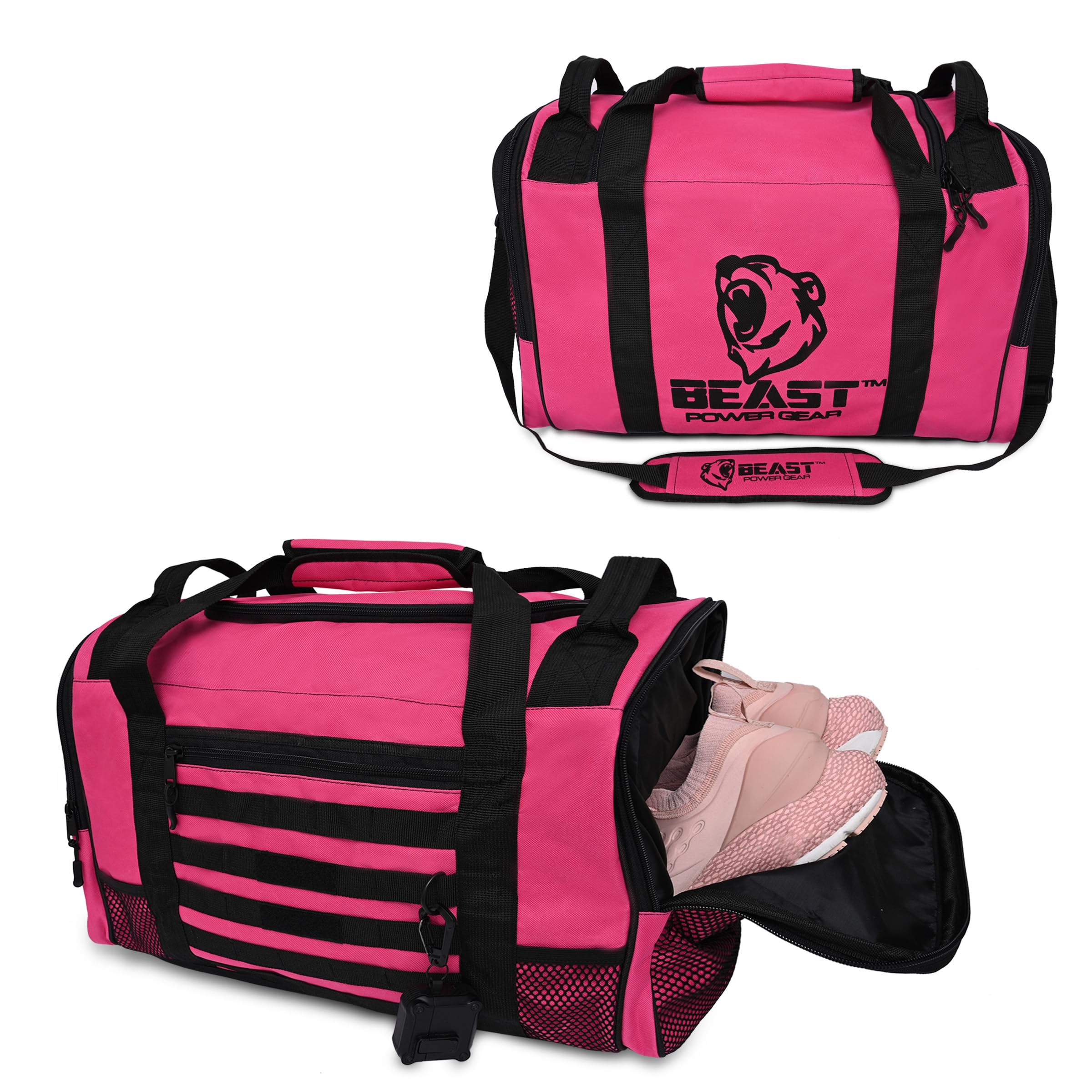 Beast Power Gear Gym Duffle Bag- Workout, Boxing, MMA, Sports Bag with Shoes Compartment and Adjustable Shoulder Strap for Men and Women, Pink/Black, Duffle