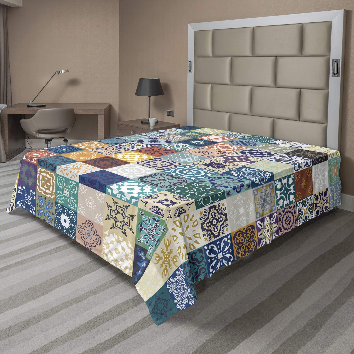 Ambesonne Moroccan Flat Sheet, Patchwork Pattern Different Colorful Original Tunisian, Soft Comfortable Top Sheet Decorative Bedding 1 Piece, Queen