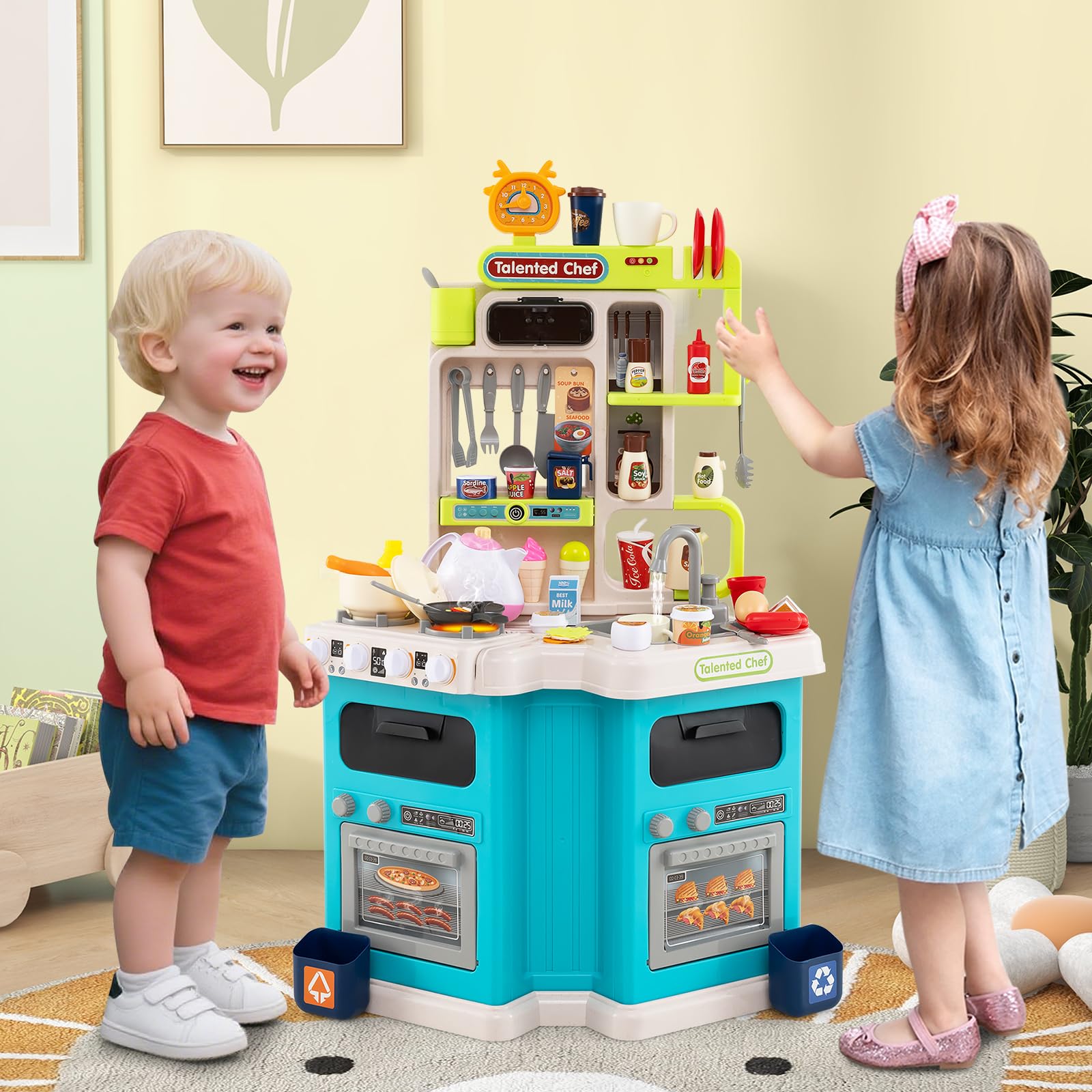 HOMASIS Cucina Giocattolo con Suoni e Luci, Gioco di Ruolo da Cucina con 75 PCS, Fornello con Acqua Vapore, Rubinetto con Acqua e Lavello, Cucinetta per Bambini da 3+ Anni (Blu)