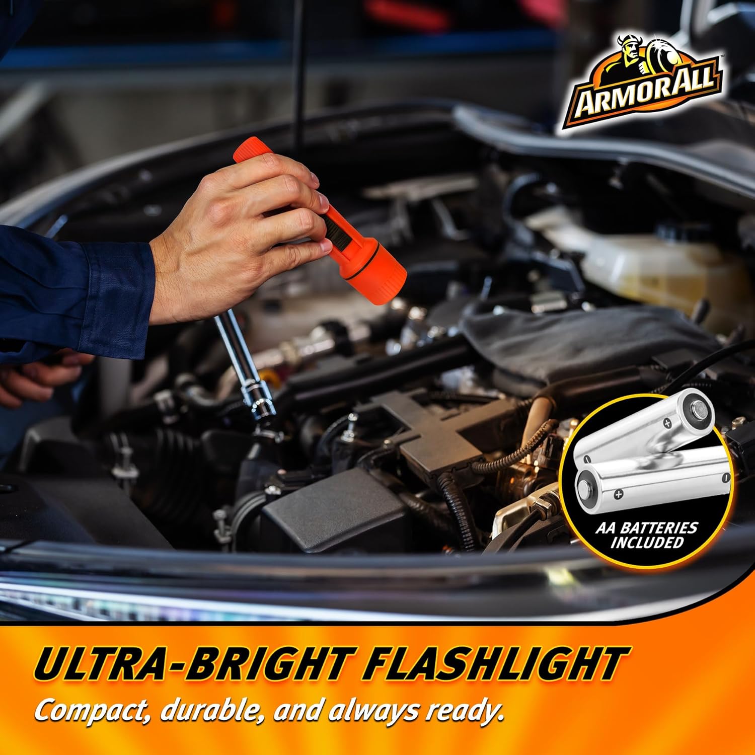 Person holding the orange flashlight under a car hood, with an inset showing two AA batteries.