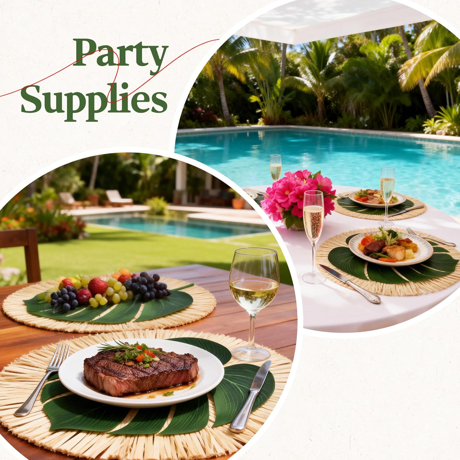 48Pcs Luau Placemats and Palm Placemat Raffia Grass Placemats Tropical Palm Leaf Place Mats for Dining Tables Family Gatherings Parties