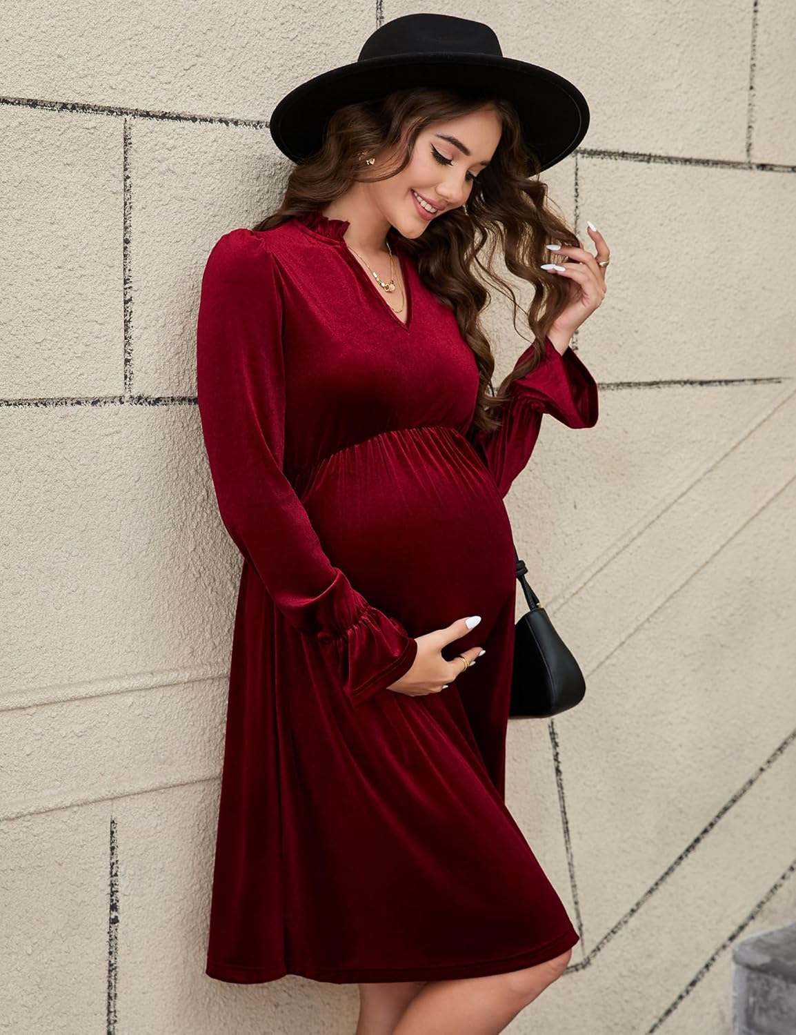 KOJOOIN Maternity V Neck Velvet Dress Women's Ruffle Long Sleeve Cocktail Midi Dresses Photoshoot Baby Shower Fall Dress
