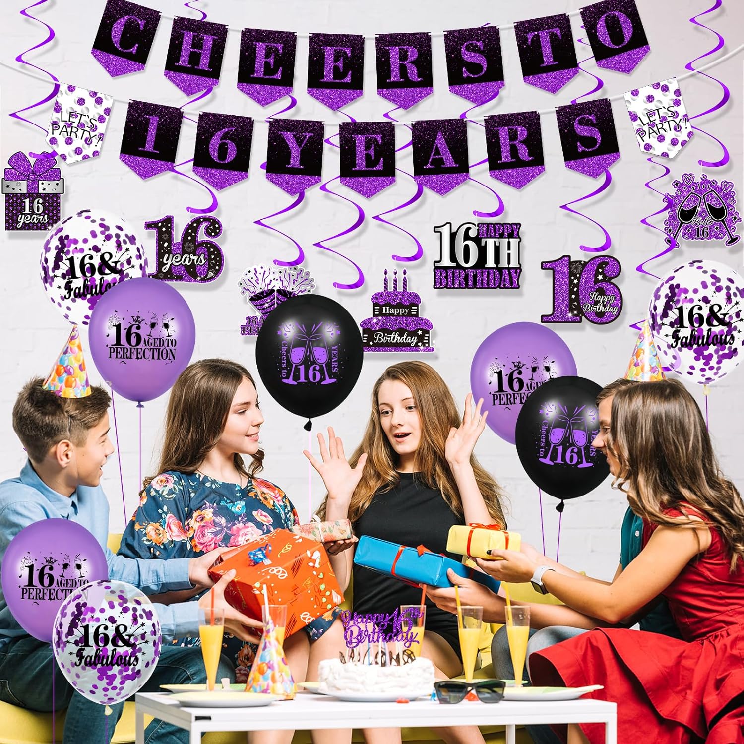 Purple 16th Birthday Decorations for Girls Boys Purple Black 16th Birthday Banner Hanging Swirls 16th Birthday Balloons Happy 16th Birthday Cake Topper for Purple Cheer to 16 Years Party Supplies