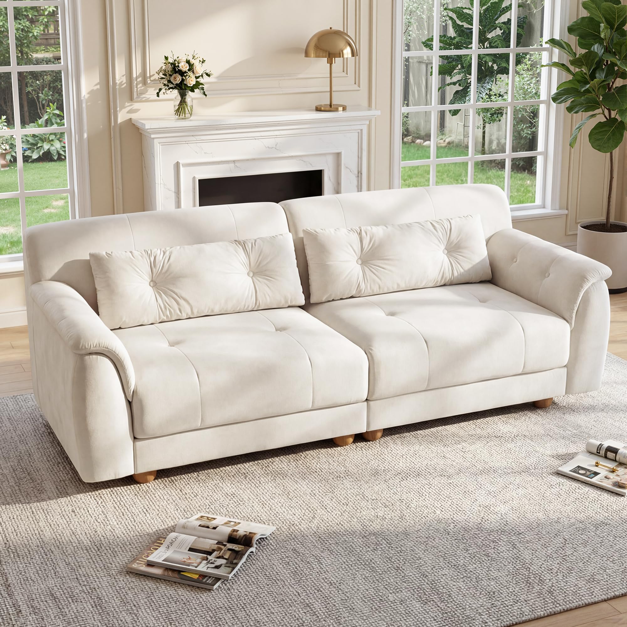 BonVache 2 Sitzer Sofa mit Knopfheftung, 3 Sitzer Samtsofa mit 2 Rückenkissen und kugelförmigen Massivholzbeinen, Bequemes Couch mit 54 cm Sitztiefe, Couch für Wohnzimmer, Weiß
