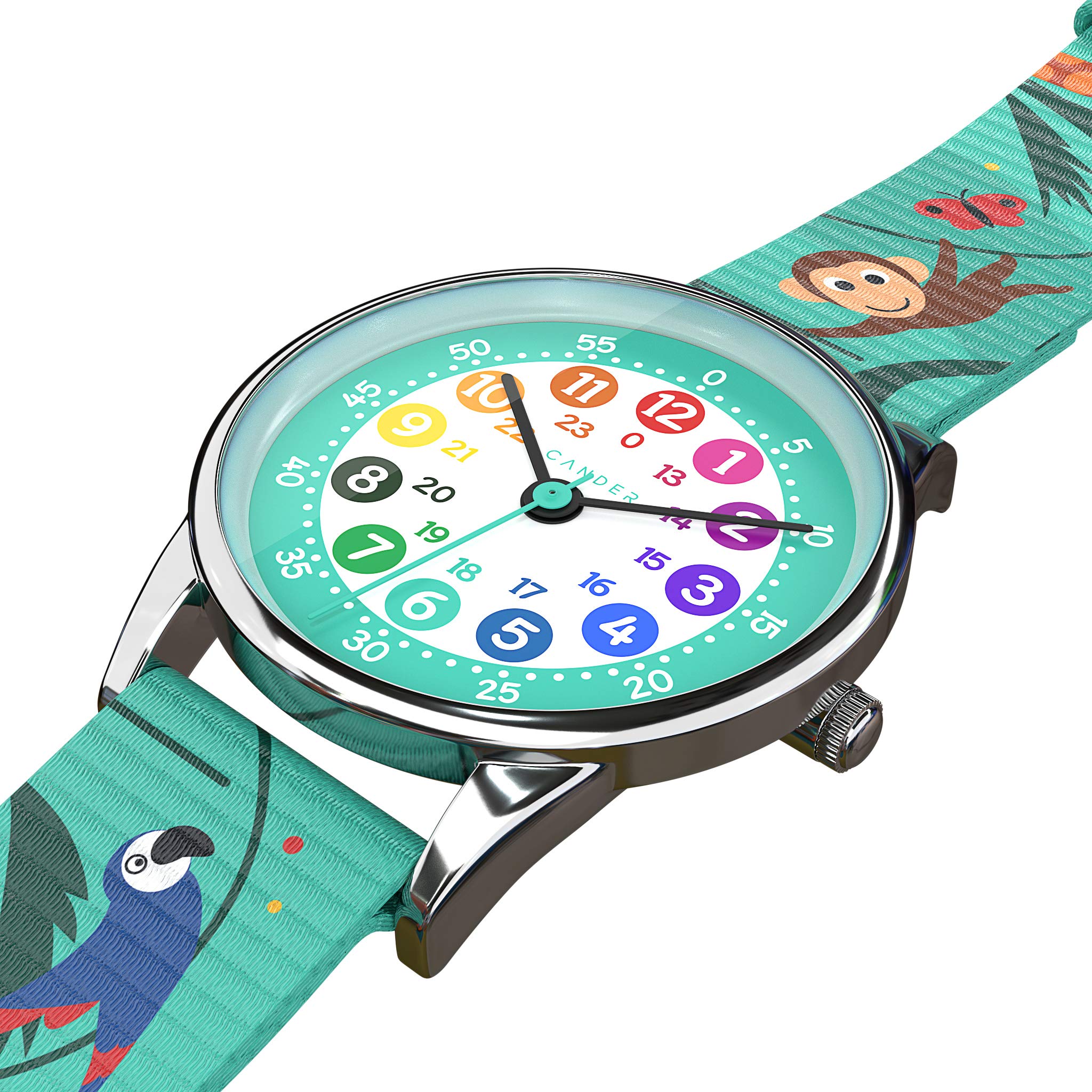 Cander Berlin MNA 1230 T Kinderarmbanduhr Kinderuhr Armbanduhr Jungen Mädchen Uhr Lernzifferblatt Tiere türkis bunt