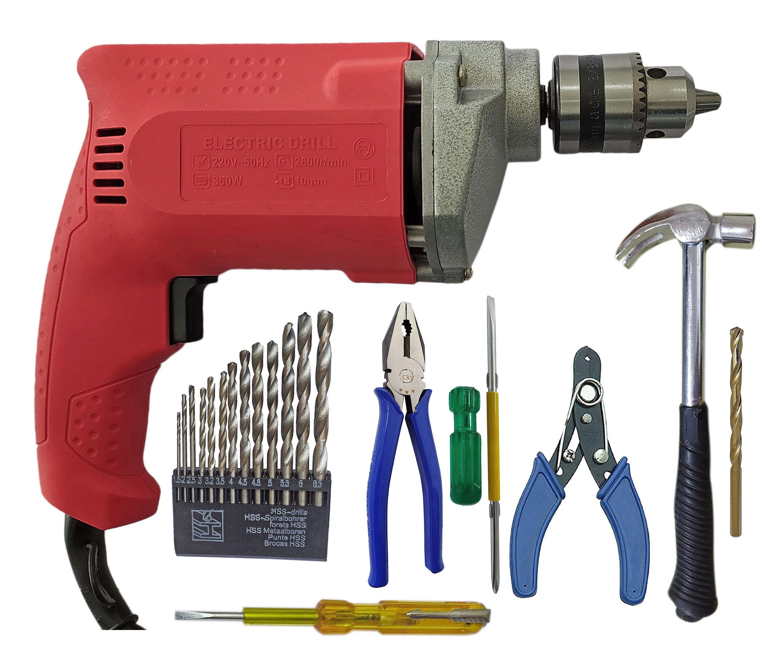 Inditrust 100% Copper Winding 6-Month Warranty 10mm Electric Drill machine with13pc HSS Plier Masonry bit 2in1 Screwdriver Wire Cutter Claw Hammer Electric Tester (Pack of 8) (RED) (B0DBVW8WSN) Amazon Price History, Amazon Price Tracker