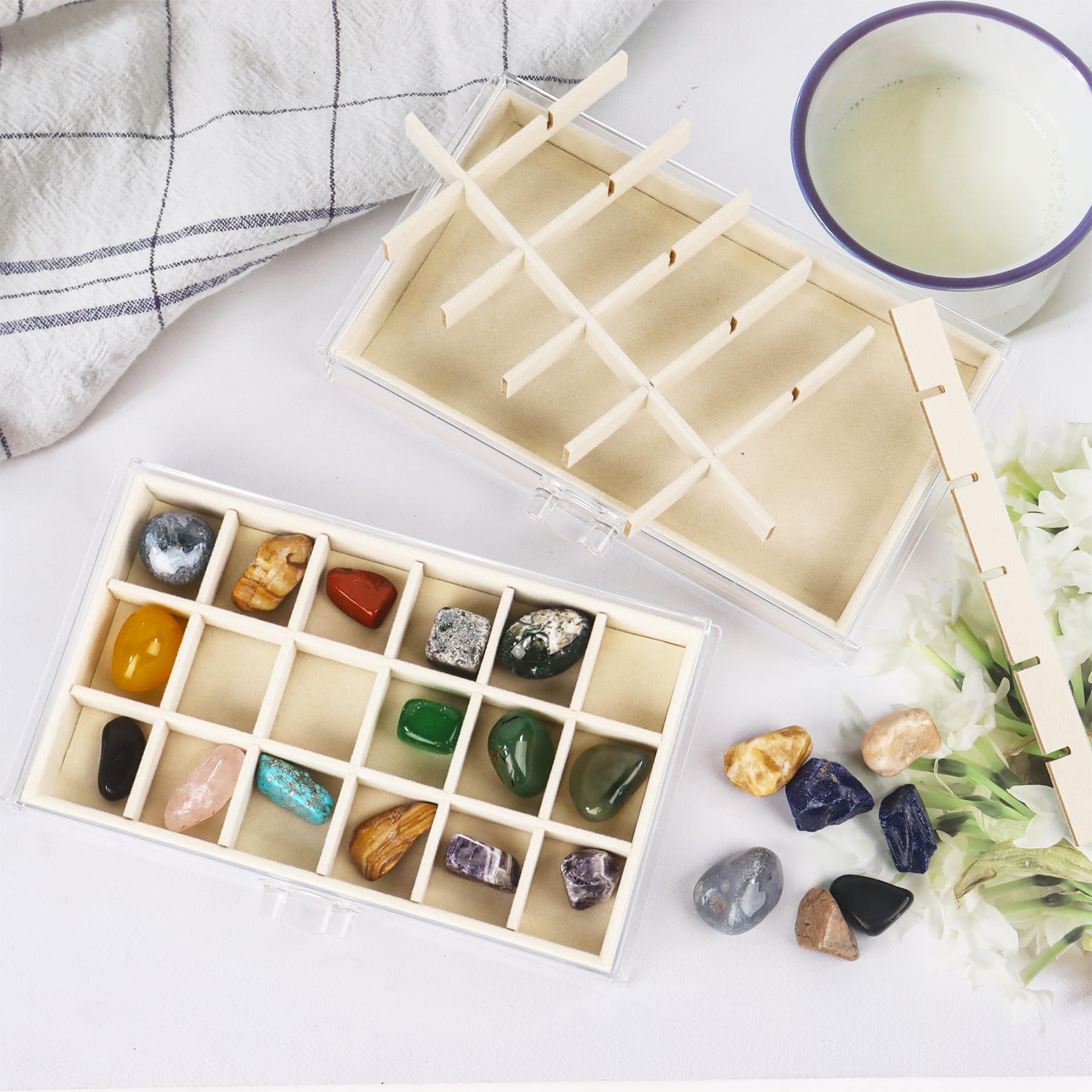Rock Vitrine 5 tiroirs 90 grilles Acrylique Rock Boîte de rangement pour petites pierres précieuses Fossil Cristal Pierre Objets de collection (beige)