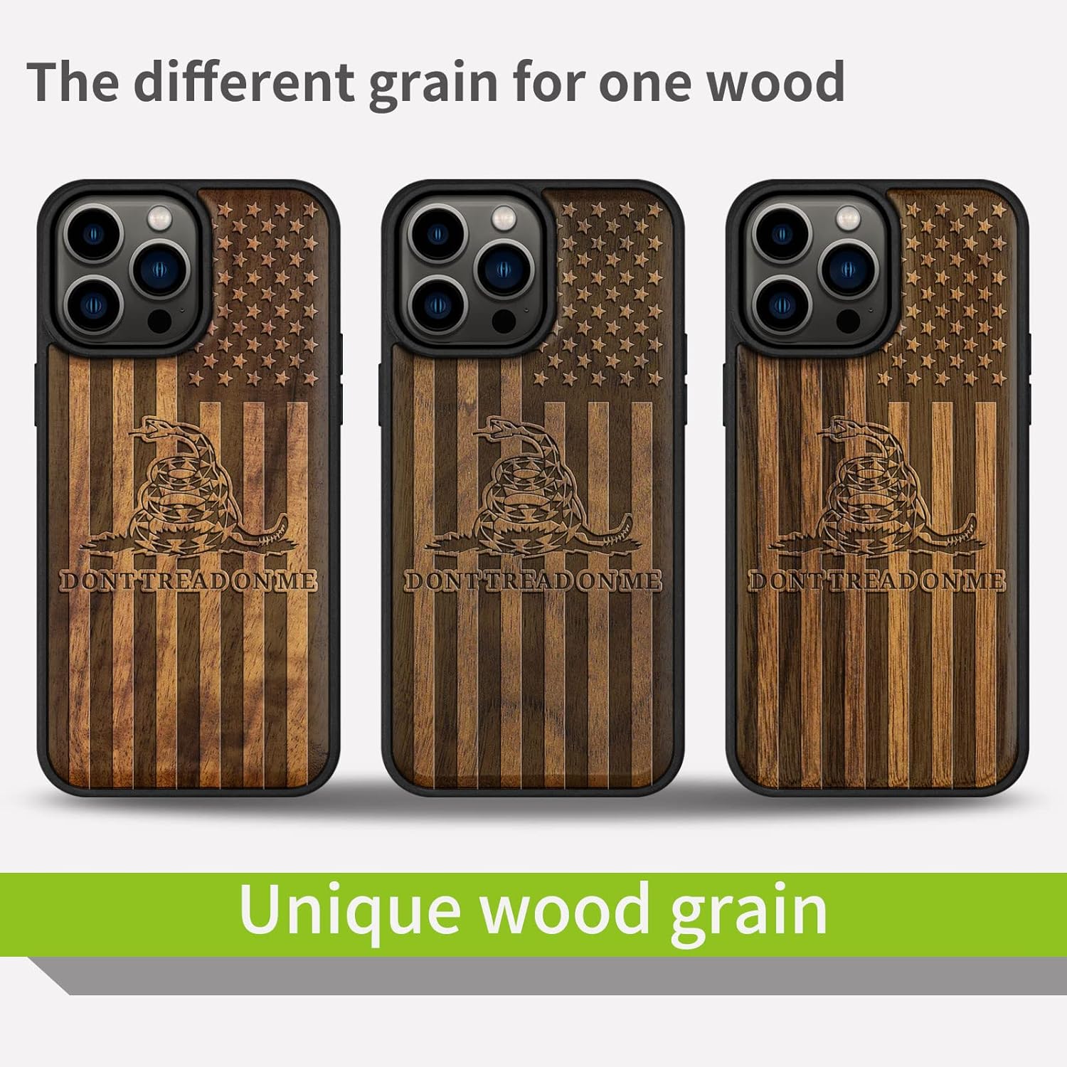 Carveit Magnetic Wood Case for iPhone 14 Pro Max [Solid Wood & Black Soft TPU] Shockproof Protective Cover Unique Wooden Case Compatible with magsafe (Gadsden Flag -Walnut)