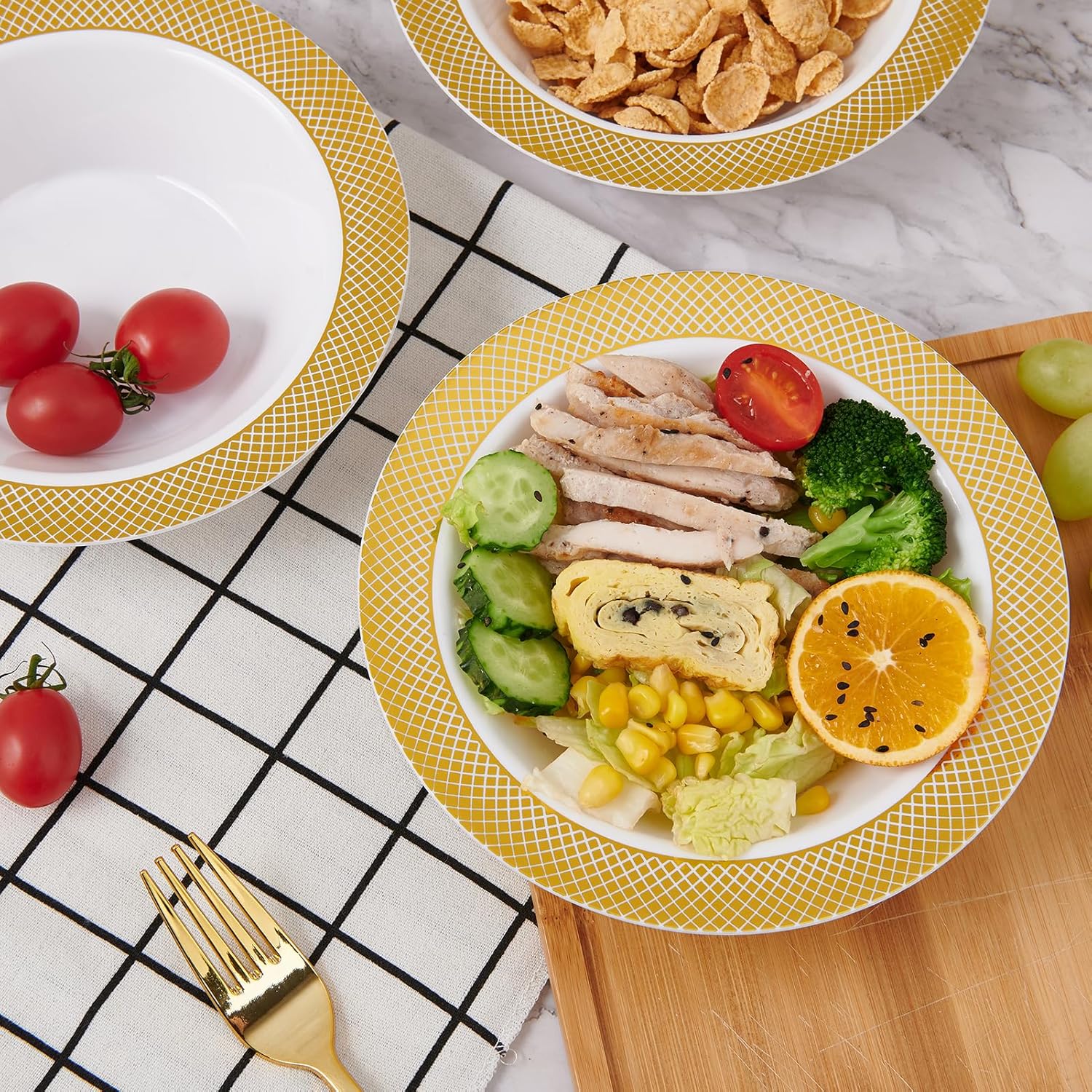 JOLLY CHEF 100 Disposable Plastic Bowls, 12oz Heavy Duty Disposable Dinner Bowls, Dessert Bowls with Gold Rim for Party, Dinners, Catering, Thanksgiving and Everyday Use