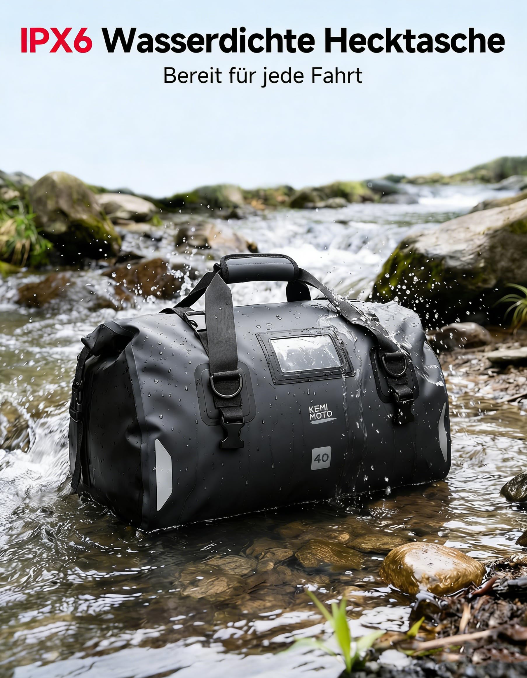 KEMIMOTO Bolsa Trasera para Motocicleta de 40 L, IPX6, Impermeable, con Correas de Cierre rápido, Gran Capacidad y múltiples Compartimentos, Ideal para excursiones, Camping, Motociclismo, Deportes