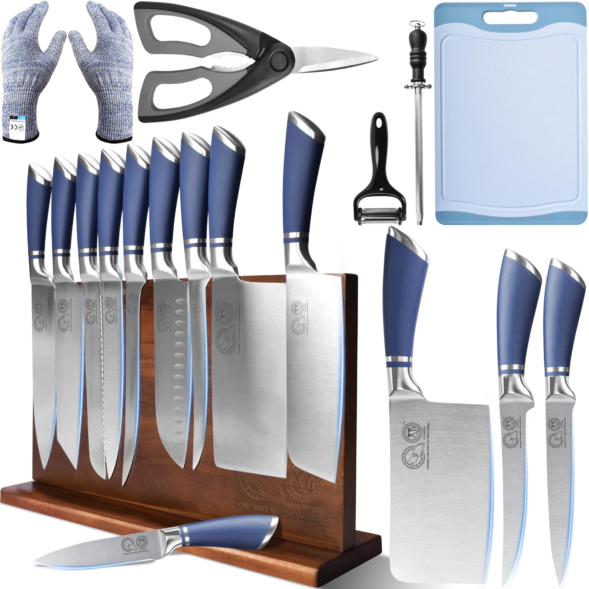 XYJ Knives,Professional Knife Sets for Master Chefs,13pcs Stainless Steel Chef Knife Set with Magnetic Knife Block,Kitchen Tools,Meat Cleaver Butcher for Camping,Kitchen Knife Set