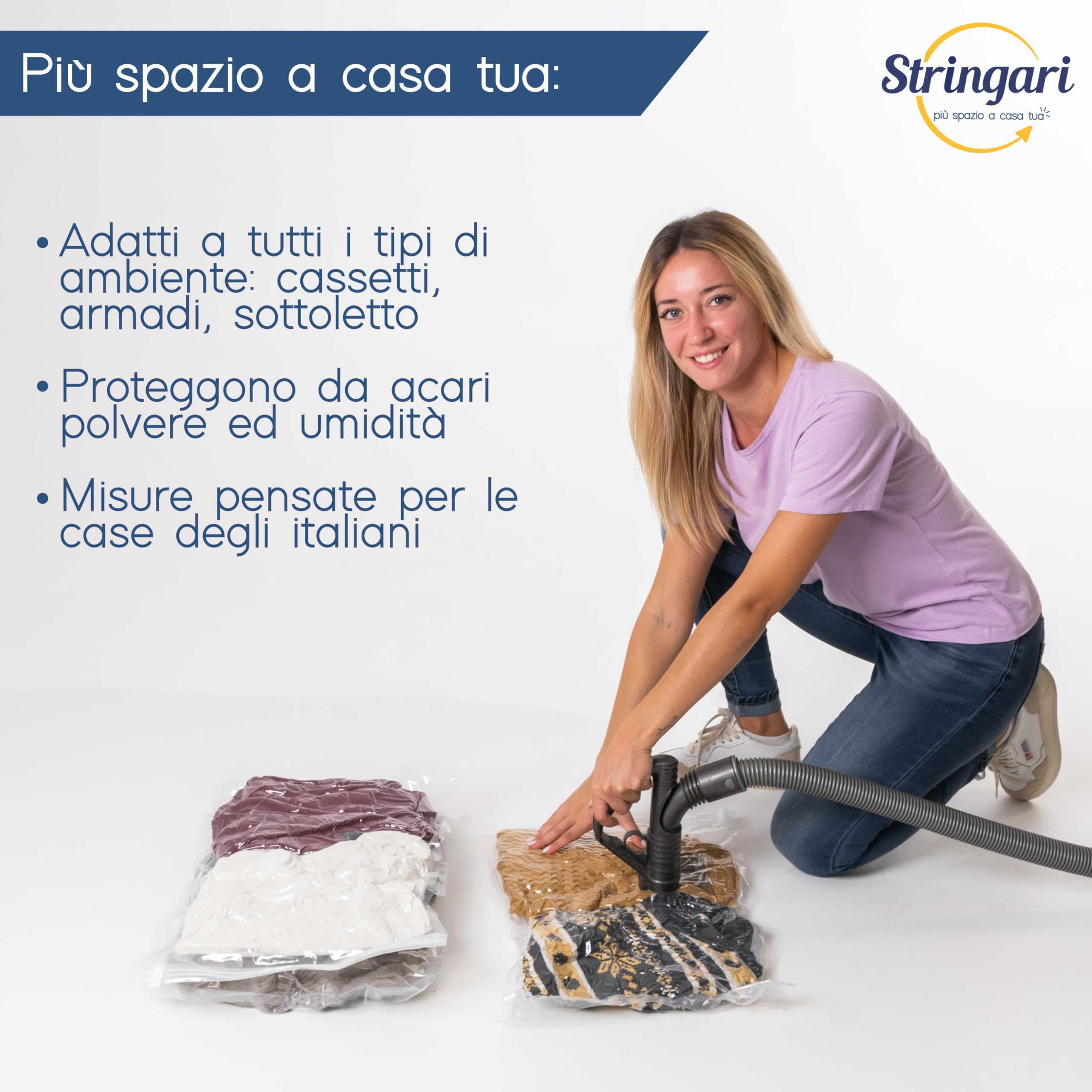 Stringari 4 Sacchi L 80x60 cm - Sacchetti Sottovuoto Vestiti con Spessore 90 Micron - Buste di Qualità Superiore per Piumoni - Sacchi Salvaspazio per Armadi e Cambio Stagione