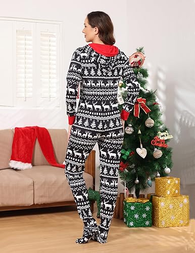 Miniatura 5 de Veseacky Conjunto de pijama familiar de Navidad a juego con cremallera frontal con capucha y pies de una pieza, ropa de dormir S-XXL