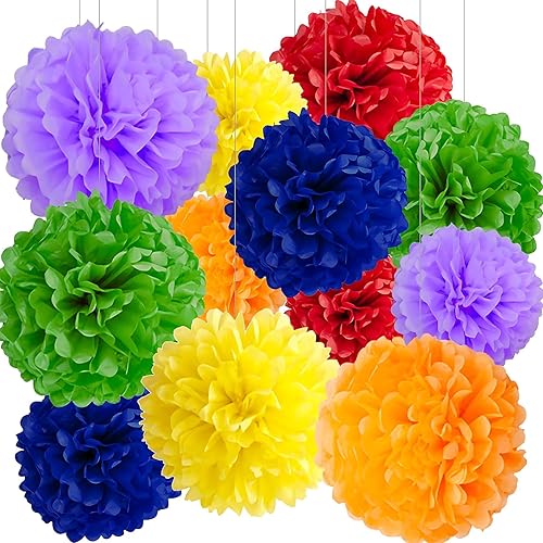 Miniatura 14 de BRZIKWT 12 pompones de papel de seda azul marino amarillo para fiesta, techo, colgar en la pared, decoración de flores (8, 10 y 12 pulgadas)