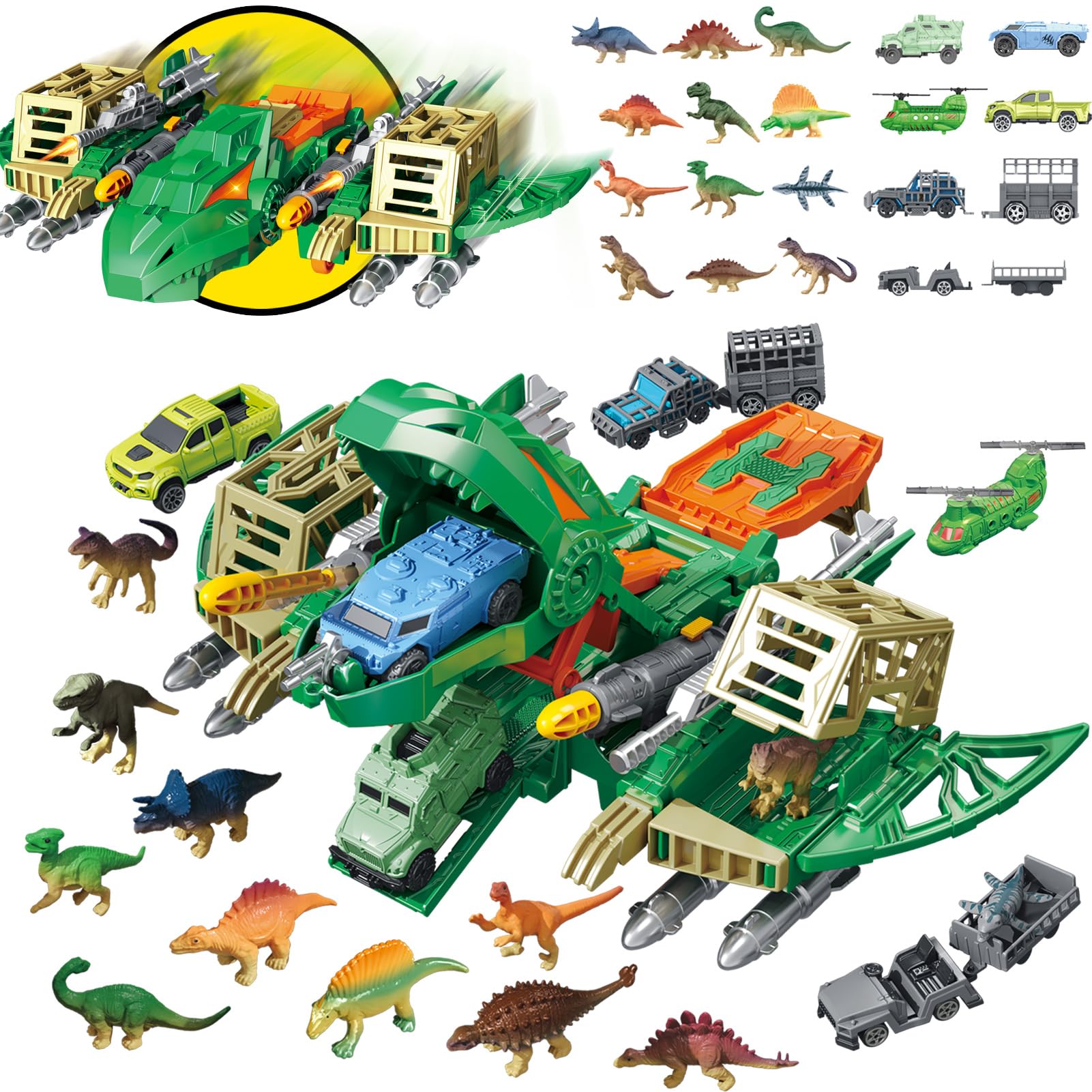 Frontoytall Pterosaur Dinosaur Transport Toy Set for Kids 3+, Large Dino Carrier Plane with 12 Dinosaur Figures, 6 Vehicles & Helicopter, Educational Dinosaur Toys Gift for Boys Girls Age 3 4 5 6 7