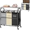 Hoctieon 3 Section Laundry Sorter Cart with Ironing Board, Laundry Hamper Basket with Shelf and Wheels, Heavy Duty Clothes Organizer, Large Clothes Separator with Removable Bags, BlackGrayBeige