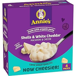 Annie's Shells and White Cheddar Mac and Cheese with Organic Pasta, Dinner Side or Snacks, 4 Ct, 24 oz