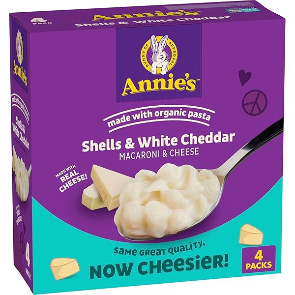Annie's Shells and White Cheddar Mac and Cheese with Organic Pasta, Dinner Side or Snacks, 4 Ct, 24 oz