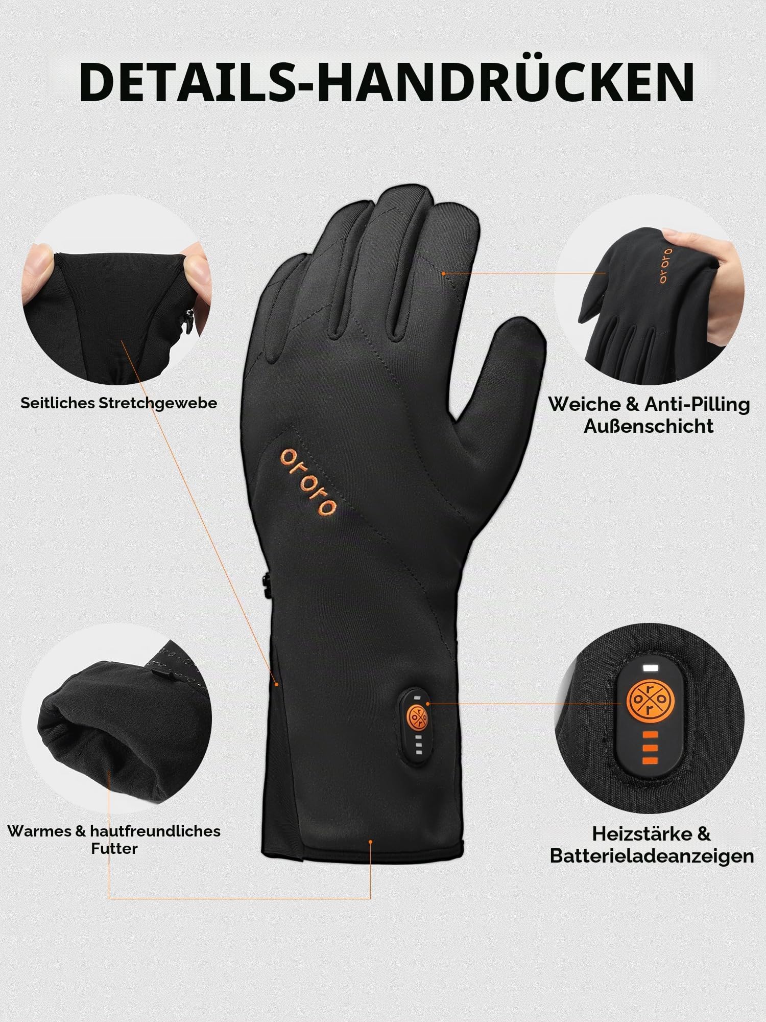 ORORO Beheizbare Handschuhe Dünn Damen Herren, Akku Beheizte Innenhandschuhe für Motorrad Fahrrad und Skifahren