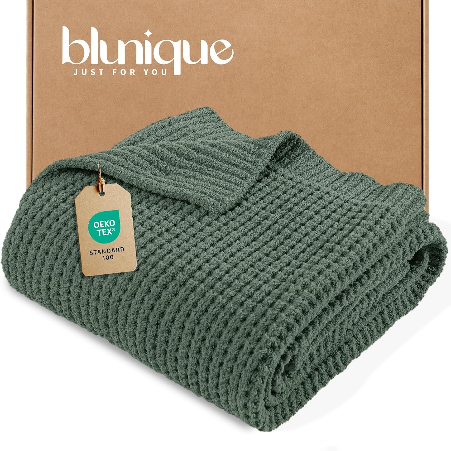 Waffle Knit Throw Blanket, Luxury Cozy Chunky Knit Throw Blanket for Couch, 50 x 60 Inch Thick Ultra-Soft Feather Yarn Knitted Blanket for Sofa, Bed, Home Decor - Sage Throw 50 x 60 Sage