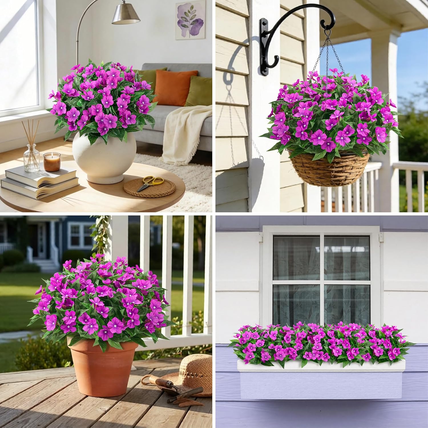 6 Pcs Artificial Flowers for Outdoors Fake Silk Periwinkle Flowers Faux Plants UV Resistant Bouquet Decorations for Planters Spring Summer Garden Porch Patio Window Box Balcony Home, Purple