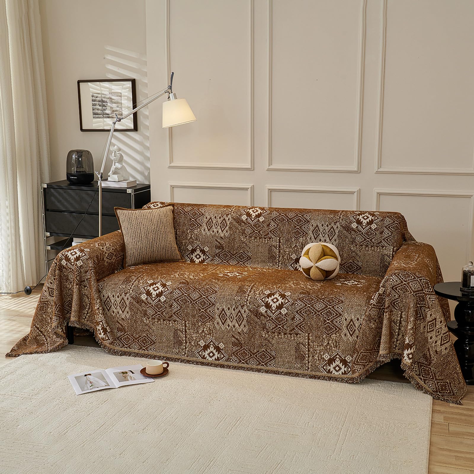 DREAMINGO Chocolate Brown Couch Protector Boho Sofa Covers for 3 Cushion Couch Geometric Jacquard Soft Chenille Furniture Cover for Dogs Washable Vintage Sofa Slipcovers for Sectional, 71"x134" — image 1