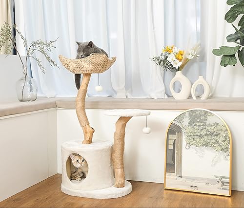 Miniatura 2 de Árbol moderno para gatos pequeños de interior, torre para gatos de madera real con poste para rascar, recinto oculto, único, bohemio, blanco