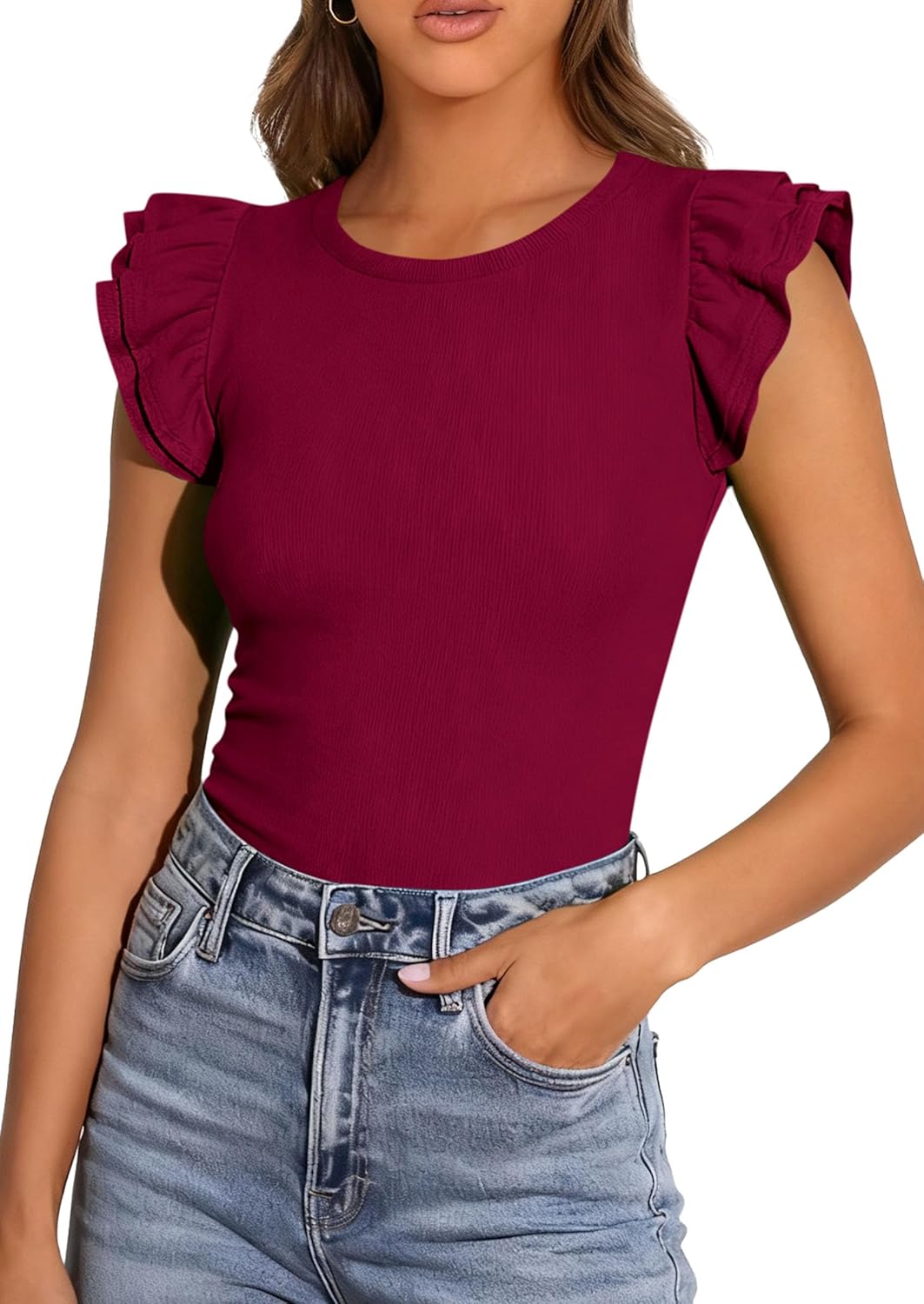 PRETTYGARDEN Womens Summer Crew Neck T Shirts 2026 Trendy Ruffle Sleeve Slim Fit Knit Going Out Tops Casual Spring Clothes - Image 8