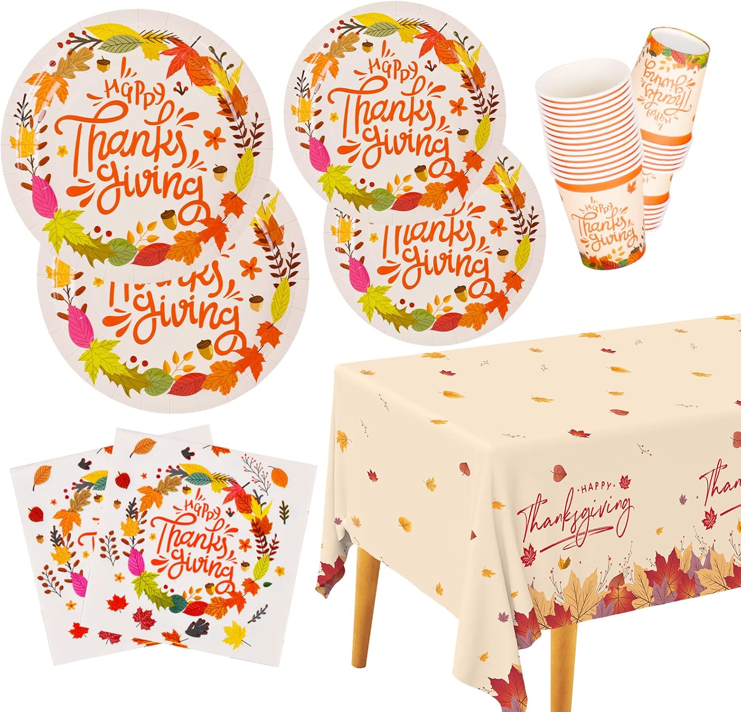 Gatherfun Thanksgiving Table Decorations Fallen Leaves Disposable Paper Plates Napkins Cups with Waterproof plastic Tablecloth for Happy Thanksgiving Dinner Party Fall Party Decorations Serve 25