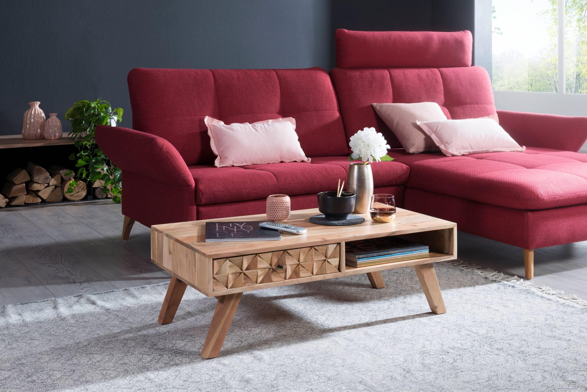 FineBuy Couchtisch 95x50x35 cm Akazie Massivholz mit Schublade | Wohnzimmertisch mit 3D-Front und Ablagefach, Sofatisch im Landhausstil, Echtholz handgefertigt, Unikat