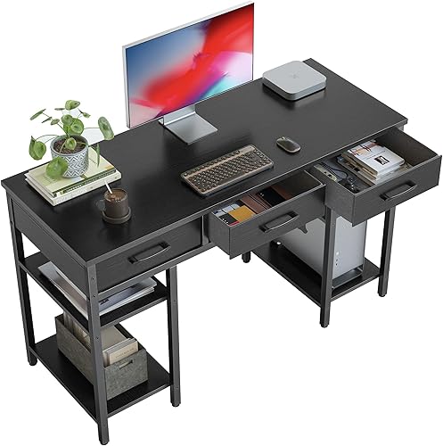 BANTI Escritorio pequeño para computadora de oficina, mesa para el hogar con cajones de tela y estantes de almacenamiento, escritorio moderno, negro