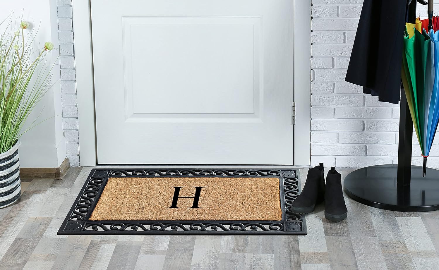 A1HC Natural Coir Monogrammed Door Mat for Front Door, 23x38, Anti-Shed Treated Durable for Outside Entrance, Heavy Duty, Thin Profile Mat, Easy to Clean, Long Lasting Entrymat - Black Beige