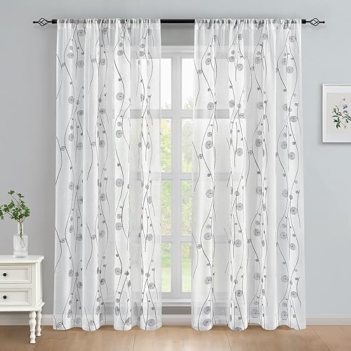 Miniatura 10 de HOMEIDEAS Cortinas traslúcidas grises de cocina de 30 x 24 pulgadas de largo, 2 paneles bordados de línea ondulada con patrón en espiral, cortinas