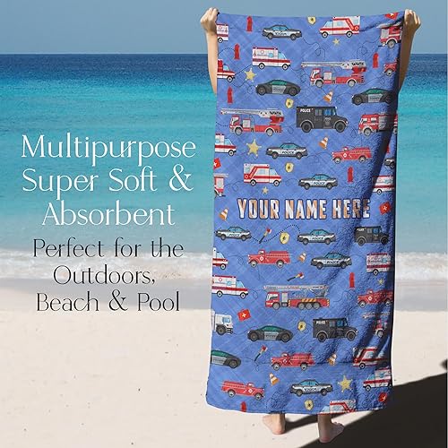 Miniatura 3 de Toalla de playa de microfibra personalizada para niños con vehículos de emergencia, añade un nombre personalizado para niños, algodón suave y